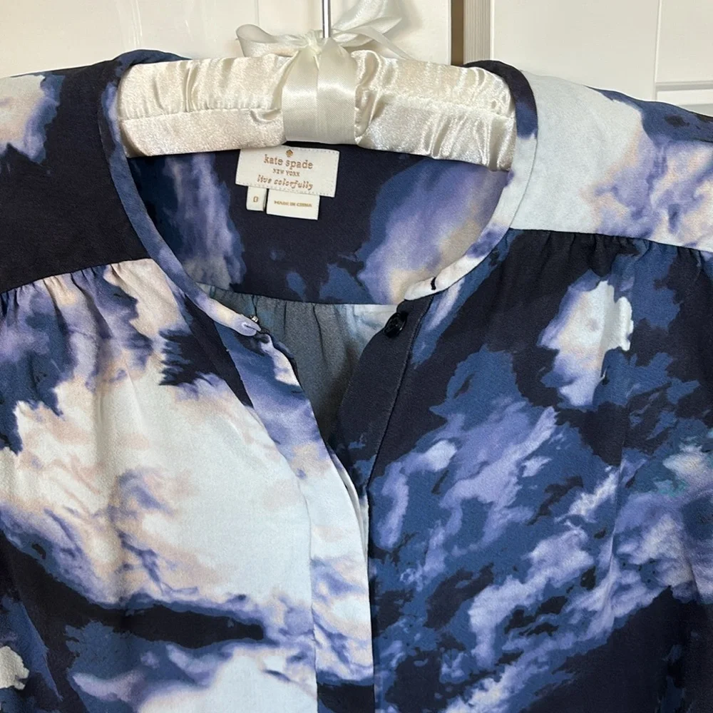 Kate Spade New York Long Sleeve Printed Crepe Blouse in “Blue Dusk”